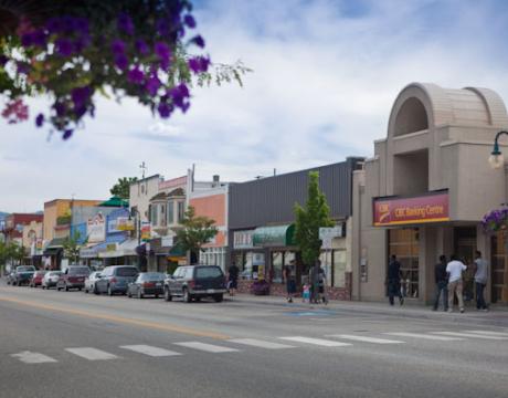 Storefronts along a street in Oliver