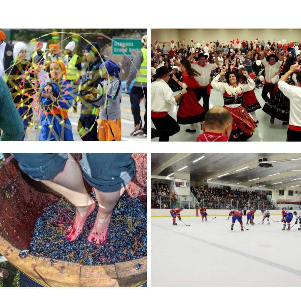 Four images of people at a parade, dancing, stomping grapes and playing hockey