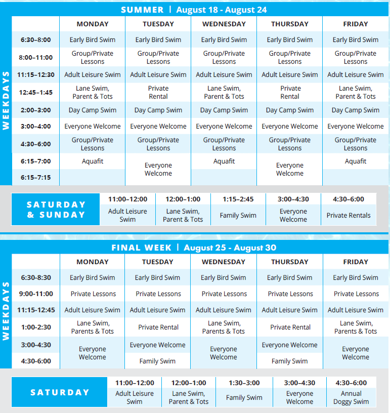 a screenshot of the updated summer pool schedule. This schedule no longer reflects print copies of the recreation guide.