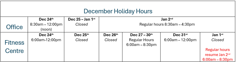 Hours of operation for the fitness centre and office Dec 24th - Jan 2nd