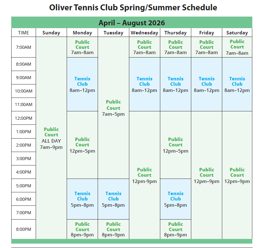 tennis court schedule from page 43 of the spring summer recreation guide. Public times are green, club times are blue.