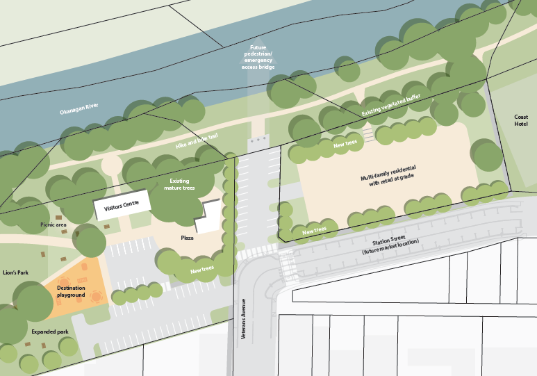 artist rendering of Station Street Concept with trees, river buildings