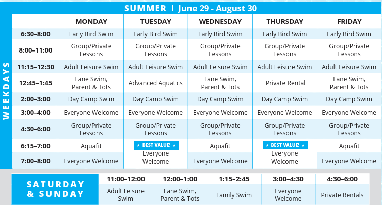 screenshot of the mon-sun calendar for the outdoor pool in august