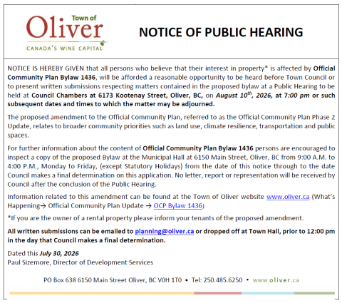 Picture of Notice of Public Hearing Aug 10, 2026 Bylaw 1436